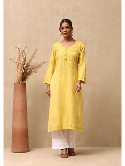 House of Chikankari - Dobby Cotton Chikankari Womens Long Kurta - Yellow