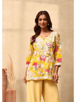 House of Chikankari - Cotton Chikankari Printed Womens Short Kurti - Yellow