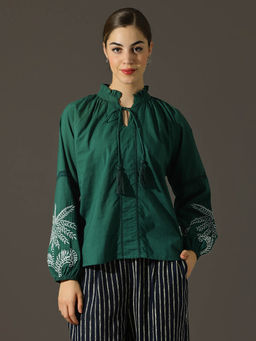 Dora Dori - Relaxed Fit Pure Cotton Embroidered Tie-Up Neck Top