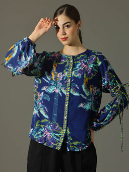 Dora Dori - Relaxed Fit Viscose Rayon Floral Tie Up And Puff Sleeves Top