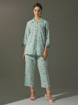 Dora Dori - Relaxed Fit Sea Green Floral Pure Cotton Shirt Collar Mirror Work Top And Trouser