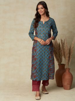 FASHOR - Floral Block Printed Mirror & Zari Embroidered Panelled Kurta - Blue