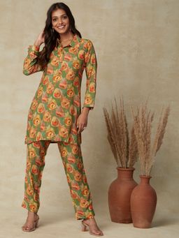 FASHOR - Ethnic Floral Printed Straight Fit Co-ord - Green (Set of 2)
