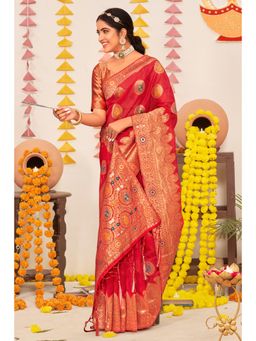 Sangam Prints - Red Organza Woven Zari Work Traditional Tassel Saree with Unstitched Blouse