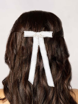Hair Drama Co. - Satin Crystal Hair Bow Alligator Clip - Off-White