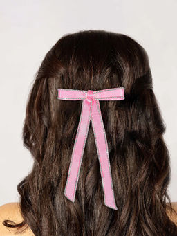Hair Drama Co. - Satin Crystal Hair Bow Alligator Clip - Pink