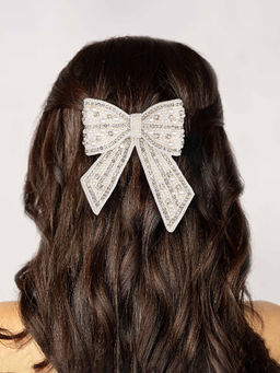 Hair Drama Co. - Embellished Crystal & Pearl Hair Bow Barrette Clip - Off White