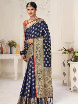 Odette - Womens Navy Blue Silk Blend Printed Saree with Unstitched Blouse