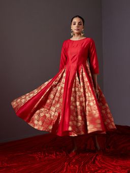 Abhishti - Scarlet Red Banarasi Zari Godet Flared Dress