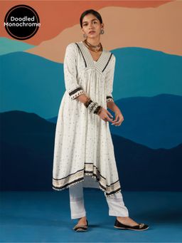 Likha - White Monochrome Dot Printed Flared Kurta LIKKUR155