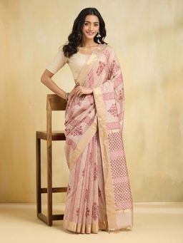 Fabindia - Brown Cotton Silk Blend Printed Saree with Unstitched Blouse
