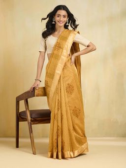 Fabindia - Mustard Cotton Silk Blend Printed Saree with Unstitched Blouse