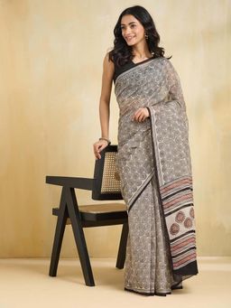 Fabindia - Beige Cotton Silk Bagru Printed Saree with Unstitched Blouse