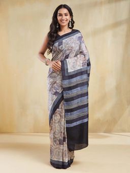 Fabindia - Beige Silk Hand Block Print Saree with Unstitched Blouse