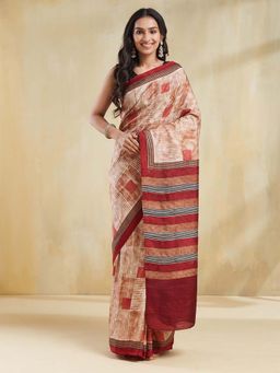 Fabindia - Red Silk Hand Block Print Saree with Unstitched Blouse