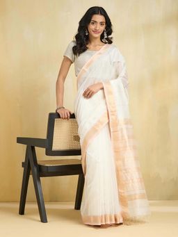 Fabindia - Natural Off White Cotton Silk Blend Maheshwari Saree with Unstitched Blouse