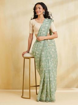 Fabindia - Green Cotton Silk Hand Block Printed Saree with Unstitched Blouse