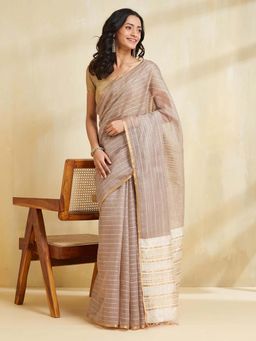 Fabindia - Grey Silk Blend Saree with Unstitched Blouse