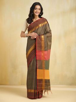 Fabindia - Brown Cotton Saree with Unstitched Blouse