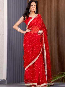 HOUSE OF JAMOTI - Salvia Red Saree with Unstitched Blouse