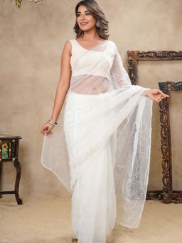 HOUSE OF JAMOTI - Beige Cut Dana Circles Sequence Bead Saree with Unstitched Blouse