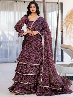 HOUSE OF JAMOTI - Wine Floral Ruffle Saree with Stitched Blouse