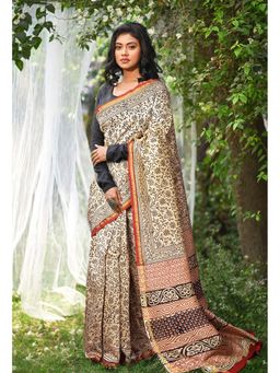 Unnati Silks - Cream Pure Bagru Kalamkari Printed Saree with Unstitched Blouse