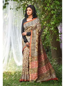 Unnati Silks - Cream Pure Bagru Kalamkari Printed Saree with Unstitched Blouse