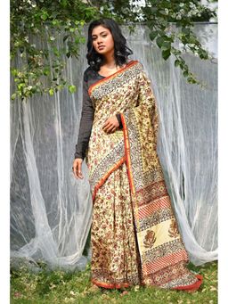 Unnati Silks - Cream Pure Bagru Kalamkari Printed Saree with Unstitched Blouse