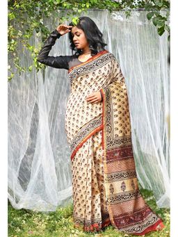 Unnati Silks - Cream Pure Bagru Kalamkari Printed Saree with Unstitched Blouse