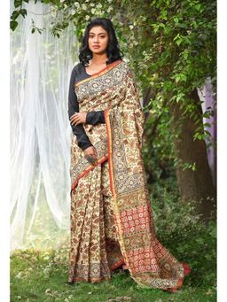 Unnati Silks - Cream Pure Bagru Kalamkari Printed Saree with Unstitched Blouse