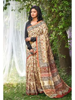 Unnati Silks - Cream Pure Bagru Kalamkari Printed Saree with Unstitched Blouse