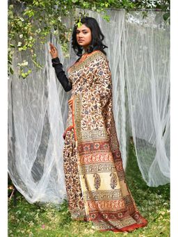 Unnati Silks - Cream Pure Bagru Kalamkari Printed Saree with Unstitched Blouse