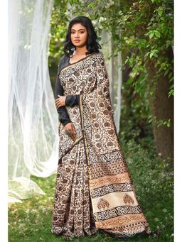 Unnati Silks - Cream Pure Bagru Kalamkari Printed Saree with Unstitched Blouse