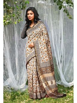 Unnati Silks - Cream Pure Bagru Kalamkari Printed Saree with Unstitched Blouse