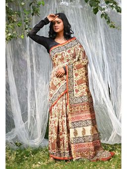 Unnati Silks - Cream Pure Bagru Kalamkari Printed Saree with Unstitched Blouse