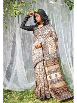 Unnati Silks - Cream Pure Bagru Kalamkari Printed Saree with Unstitched Blouse