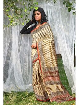 Unnati Silks - Cream Pure Bagru Kalamkari Printed Saree with Unstitched Blouse