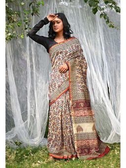 Unnati Silks - Cream Pure Bagru Kalamkari Printed Saree with Unstitched Blouse