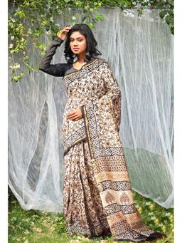 Unnati Silks - Cream Pure Bagru Kalamkari Printed Saree with Unstitched Blouse