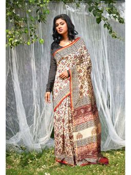 Unnati Silks - Cream Pure Bagru Kalamkari Printed Saree with Unstitched Blouse