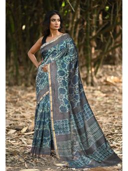Unnati Silks - Bluish Blue Pure Vanaspati Printed Saree with Unstitched Blouse