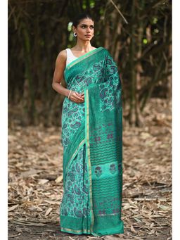 Unnati Silks - Turquoise Blue Pure Vanaspati Printed Saree with Unstitched Blouse