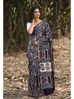 Unnati Silks - Navy Blue Pure Naphthol Printed Chanderi Saree with Unstitched Blouse