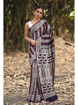 Unnati Silks - Navy Blue Pure Naphthol Printed Chanderi Saree with Unstitched Blouse