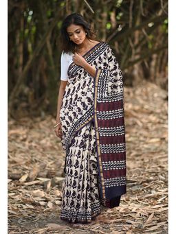 Unnati Silks - Navy Blue-White Pure Naphthol Printed Saree with Unstitched Blouse