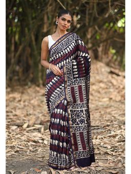Unnati Silks - Navy Blue Pure Naphthol Printed Chanderi Saree with Unstitched Blouse