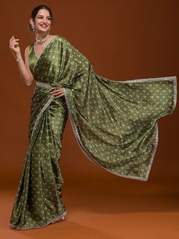 Koskii - Mehendi Bandhani Satin Saree with Unstitched Blouse (Set of 2)