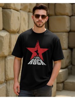 Bewakoof - Men's Jet I Love Rock Graphic Printed Oversized Black T-Shirt