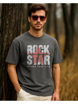Bewakoof - Men's Rock Star Typography Oversized Grey T-Shirt